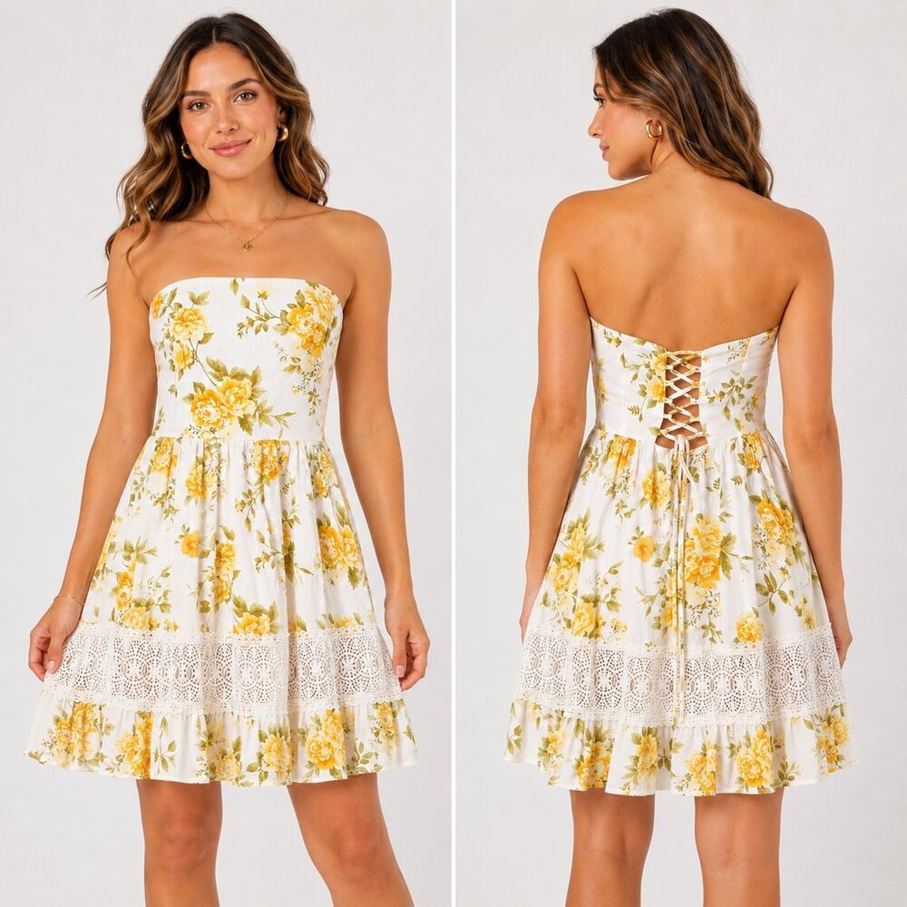 Altar'd State Womens Medium Yellow Floral Strapless Lace Trim Mini Dress NWT